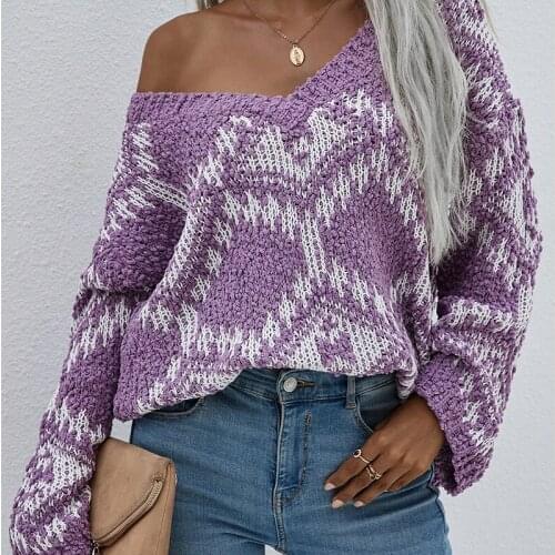 Loose Plus Size Long-sleeved Top Fashion Casual Knitted Sweater Women Jumper Printed V-neck Pullover Autumn and Winter 2021 New