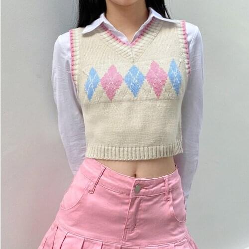 Vintage Aesthetic Argyle Y2K Crop Top Sweater Vest for Women Cute Soft Girls Knitted V Neck Pullover Cropped Y2K Clothes