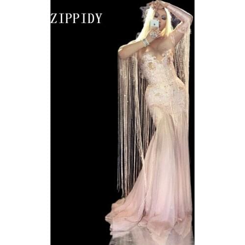 Pink Tassel Long Dress Women Stage Dance fringes Birthday Dress Nightclub Party Female Singer Costume Evening Celebrate Outfit