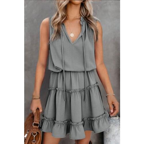 Summer Dress for Women 2021 Solid Loose Pullover V-neck Stitching Ruffle Dress Women Clothing Casual Mini Dress Vestidos