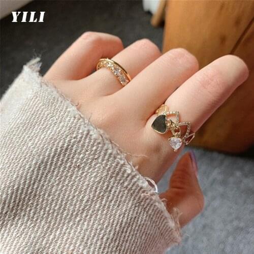 2021 New Korean Heart Zircon Pendant Opening Rings Fashion Gold Open Ring for Women Girls Luxury Wedding Jewelry