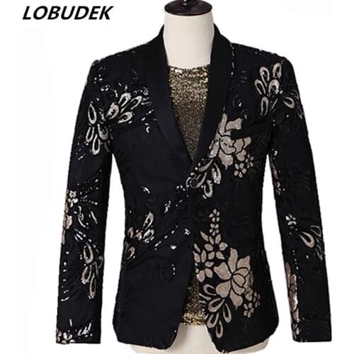 Golden Black Sequins Suits Performance Clothes Male Singer Stage Host Chorus Costume Fashion Slim Plus Size Casual Suit 2 Pieces