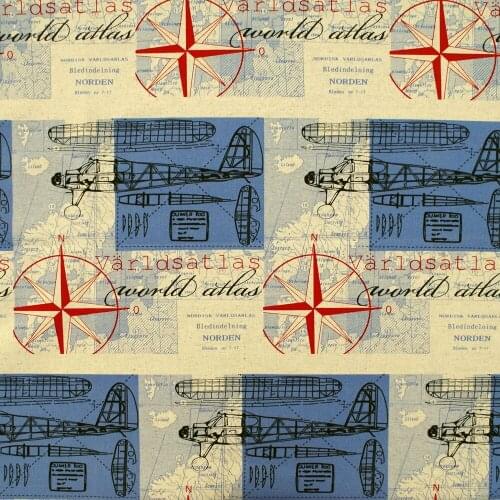 1 yard Cotton Linen Fabric for sewing pathwork, bedding, handmaking - Map, plane, compass (blue) (width=145cm)