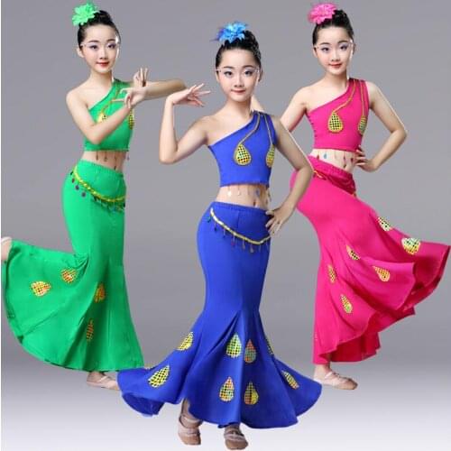 2019 children Dai dance clothes fishtail skirt elastic Peacock dance costumes childrens Chinese Folk Dance costumes