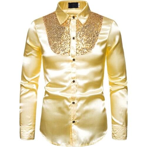 2019 New Autumn Silk Shirt Men Satin Smooth Mens Luxury Sequined Tuxedo Party Stage Performance Wedding Shirt