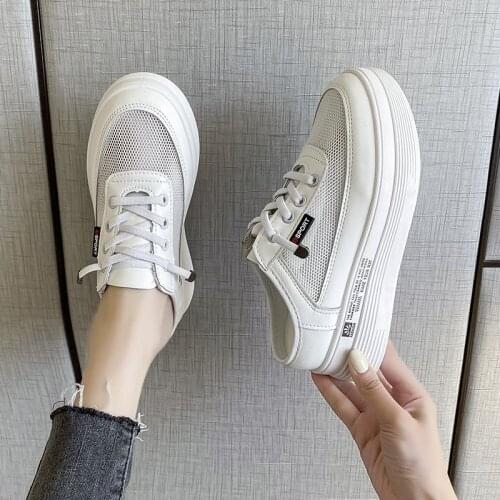 2021 Summer New Breathable Mesh Baotou Half Slippers Womens Fashion Outer Wear Thick-soled White Shoes Without Heels