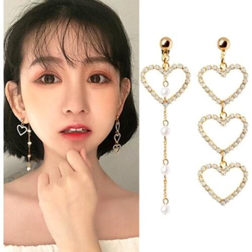 Asymmetrical Heart-Shaped Earrings For Korean Girls Simple Rhinestone Pearl Chain Earrings Jewelry Oorbellen Long Earrings Brinc