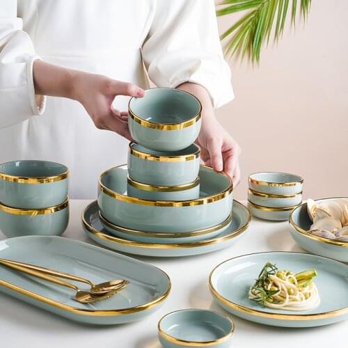 Ceramic Tableware Set Dishes Dinner Plates Steak Food Dessert Plate Green Salad Soup Bowl Plates and Bowls Set for Family Hotel