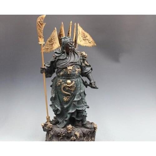 China Pure Bronze Painted Nine Dragon Guan Gong Warrior God Buddha Statue