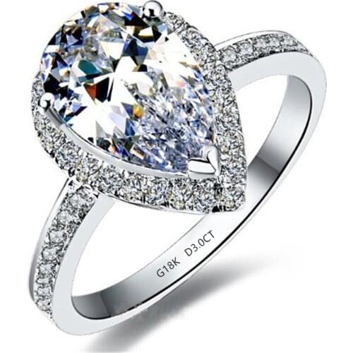 3CT Solid White Gold Clear Pear Style Persevering Fine Diamond Propose Jewerly 14karat Gold Women Wedding Ring With Box