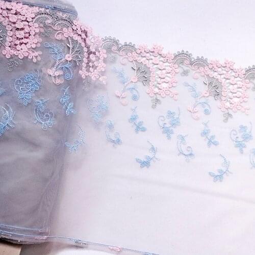 9"23cm(2meters/lot) Embroidered Floral Tulle Lace Trim in Gray+Pink White ,Mesh Embroidery Lace Trim for lingerie,bra,Costume