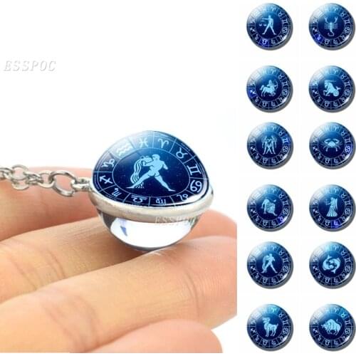 Fashion Womens 12 Zodiac Signs Double Side Glass Ball Necklace Aries Leo Libra Cancer Scorpio Taurus Silver Plated Pendant