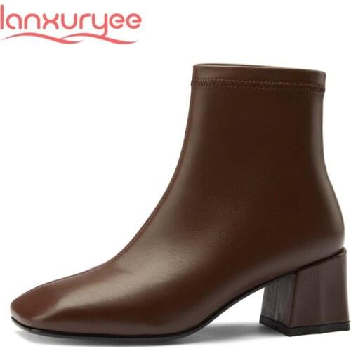 Lanxuryee stretch boots microfiber three colors square toe thick high heel slip on beauty lady dating handmade ankle boots L35