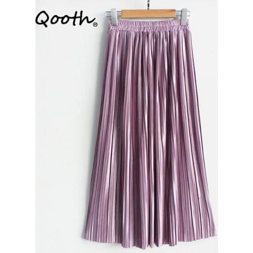 Qooth Summer Autumn Pleated Skirt 22 Colors Womens Vintage High Waist green Skirt Solid Long Skirt Fashion Metallic Skirt QH2152