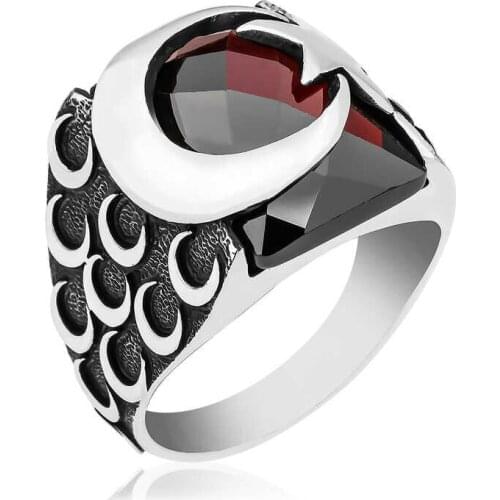 Silver Red Cutting Cubic Zirconia Moon Star Men 'S Ring