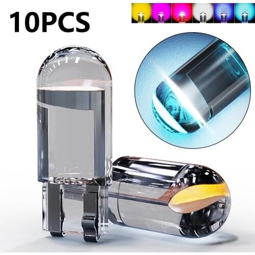 10 Pcs New W5W T10 Glass Housing Car LED Bulb 6000K White Blue Red Yellow Wedge License Plate Lamp Dome Light Atmosphere Bulbs