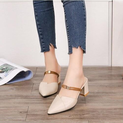 New Women Sandals sexy Pointed Toe Block Non-slip Closed Shallow Party High Heels Shoes Sandals Black Beige Square heel Pumps