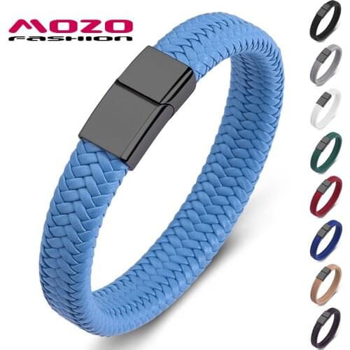 Punk Men Jewelry Blue Braided Leather Bracelet Black Stainless Steel Magnetic Clasp Fashion Women Bangles 161