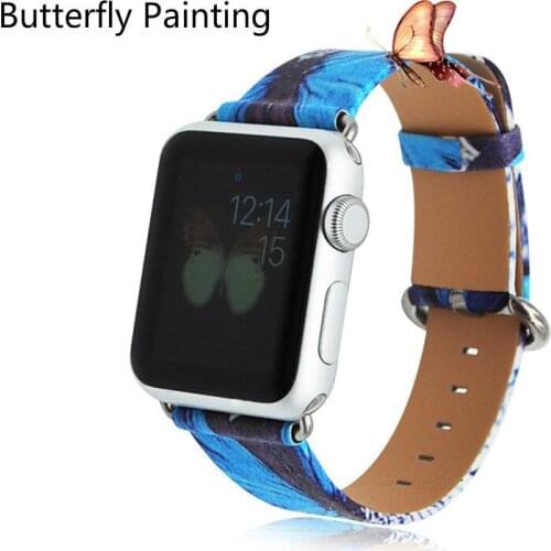 2018 New Blue Butterfly Painted Genuine Leather Watch Band Strap Suit For Apple Watch Iwatch 1 2 3 Watch Buckle Clasp 38mm/42mm