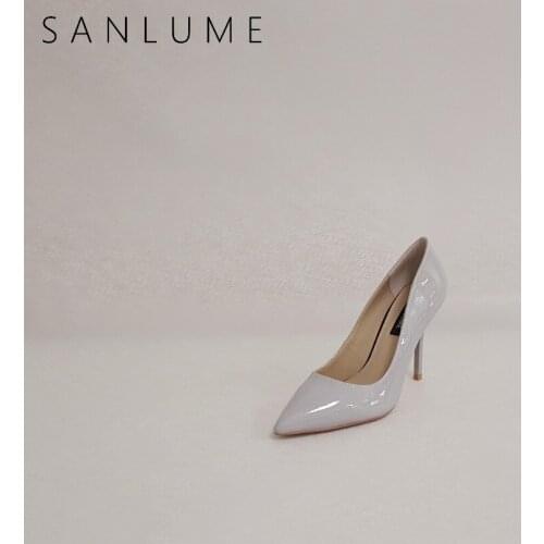 SANLUME Summer Shoes Woman High Heel Pumps Women Sandals Patent Leather Pointed Toe Slip On Party Ladies Elegant Thin Heels