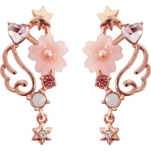 Japanese Resin Pink Sakura Angel Wing Earrings Gold Color Crystal Heart Rhinestone Sailor Moon Star Dangle Earrings For Girls