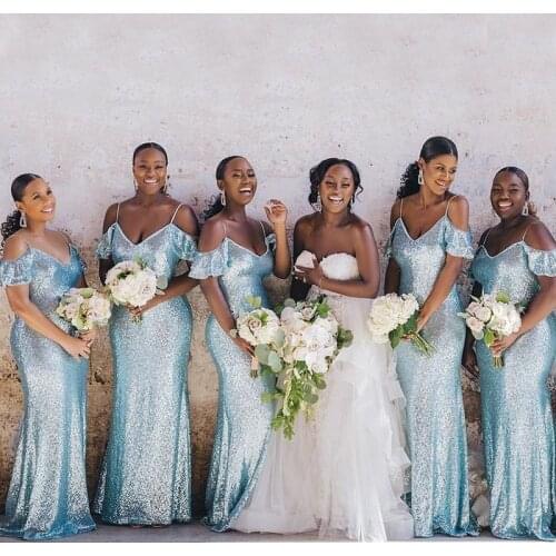 YiMinpwp Sky Blue Mermaid Bridesmaid Dresses Spaghetti Floor Length Ruffles Sequined Wedding Guest Gowns Maid of Honor Dress