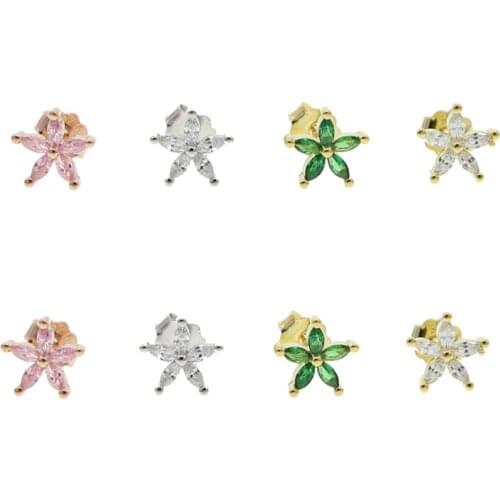 925 sterling silver minimal delicate small stud mini 5A cubic zirconia pink white green colorful cz flower earring for women