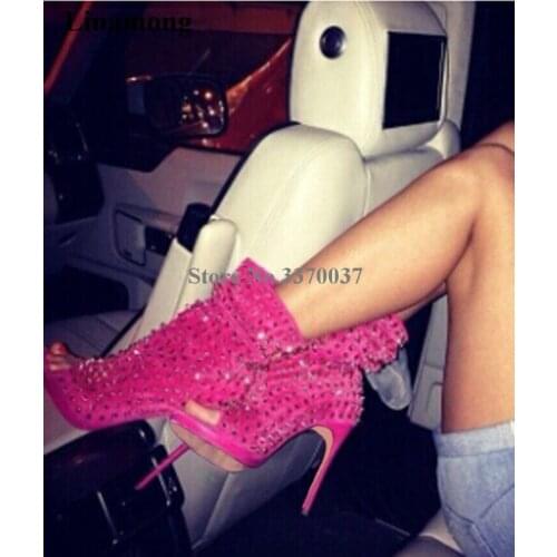 Hot Selling Women Fashion Peep Toe Suede Leather Gold Rivet Thin Heel Short Gladiator Boots Slip-on Sexy Ankle Booties