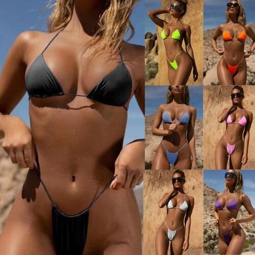 Sexy Thong Bikini Women Solid Swimwear Micro Swimsuit Brazilian Biquini Mini Bikinis Strap Bathing Suit Pleated Maillot De Bain