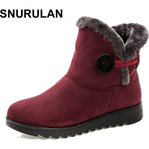 SNURULAN Winter Women Boots Flock Warm Ankle Snow Boots 2017 Platform Mother Shoes Woman Slip On Flats Button Creepers