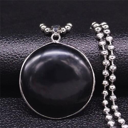 2021 Round Black Natural Stone Stainless Steel Necklace for Women Silver Color Big Long Chain Necklace Jewelry colgante N4502S04