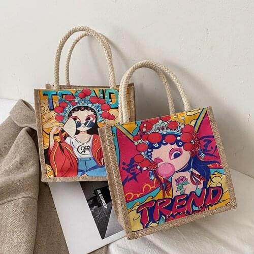2021 New Fashion Ladies Handbag Trend Printing Cartoon Bizarre Pattern Tote Graffiti Canvas Drawstring Leisure Shopping Bag