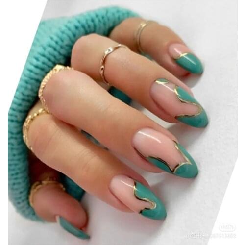 24Pcs Mint Green Gold Line Wave Designs Fake Nails Round Head Glue Type Removable Long Paragraph Fashion Artificial Manicure