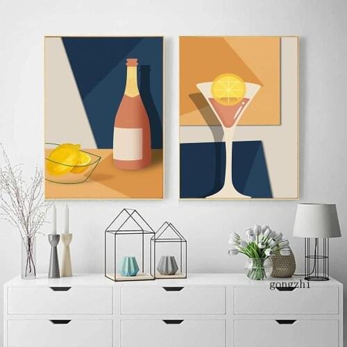 Champagne Cocktail Abstract Poster Print Lemon Fruit Food Canvas Painting Wall Art Picture Dining Room Restaurant Bar Decoration