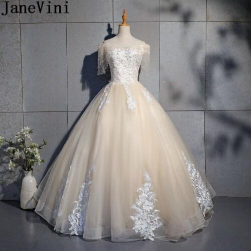 JaneVini Light Champagne Ball Gown Prom Dresses Off Shoulder Pearls Lace Bridesmaid Girls Formal Dress Wedding Party Dress 2018