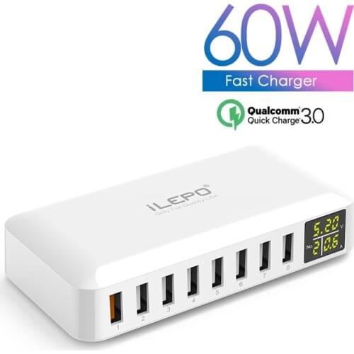 ILEPO 8 Ports 60W QC3.0 Fast Charger With Cable Charger Station US AU EU UK KR Plug Quick Charger For iphone ipad PC Kindle
