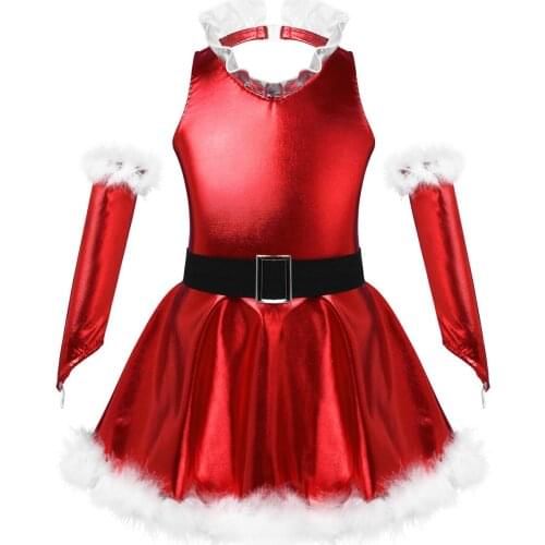 Kids Girls Christmas Holiday Stage Performance Costume Sleeveless Faux Fur Hem Red Shiny Xmas Dress with Arm Sleeve Sets