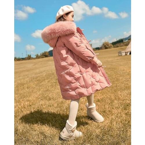 Children Winter Coat Girls Thick Warm Down Fur Hooded Parkas 5-14 Years Kids Teenager Embroidery Midi-Length Zipper Outerwear