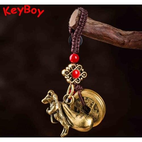 Zodiac Animal Mouse Figurines Brass Car Key Chain Lanyard Pendant Vintage Keyrings Women Backpack Hangings Jewelry Handmade Rope