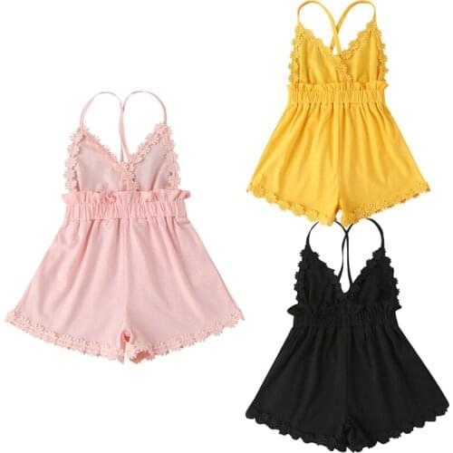 FOCUSNORM 1-6Y Summer Lovely Kids Girls Jumpsuits Ruffles V Neck Strapless Elastic Rompers 3 Colors