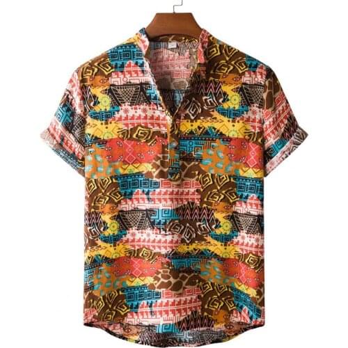 Hawaiian Male Shirt Casual Loose Printing Turn-down Collar Cotton Blend Short Sleeve Top Slim Shirt Men Summer 2021