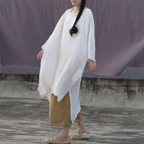 Johnature 2021 New White Irregular Vintage Women Dresses O-Neck Long Sleeve Solid Color Pullover Japanese Dress Spring