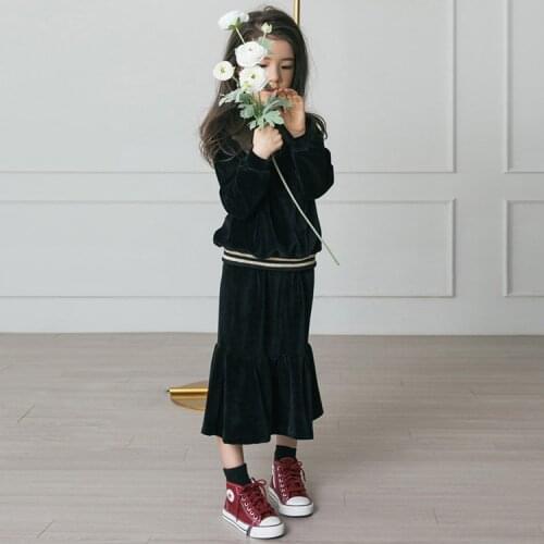 4 to16 years kids teenager girls clothes set black velvet long sleeve blouse +ruffle flare skirts 2 pcs set casual warm clothes