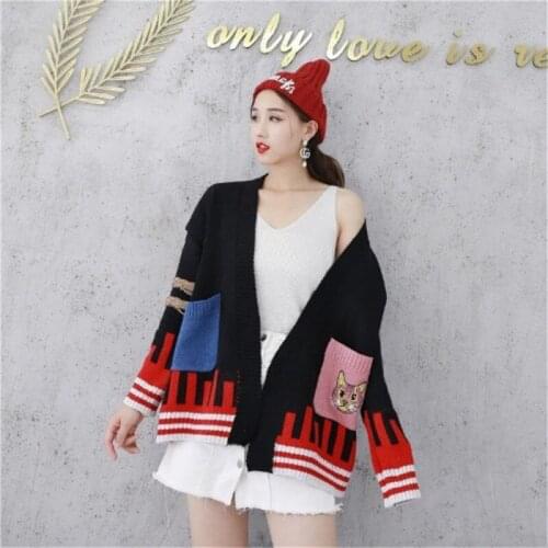 Korean Womens Sweater Cardigan Jacket 2020 Autumn New Patchwork Pocket Sweater Coat Cat Embroidery Knit Female Cardigan