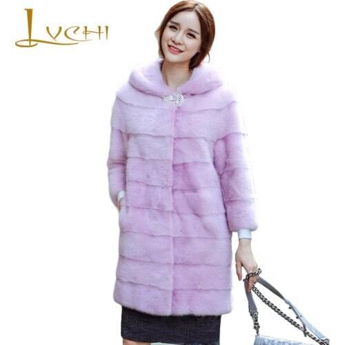 LVCHI simple Shuba Winter Natural Mink Fur Coat Womens Fashion All-match Safari style With a hat suitable Robe Femme coat