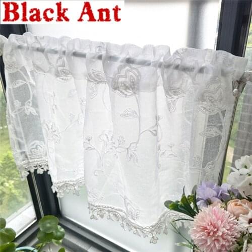 Small Cafe Curtains Embroidery Morning Glory Short Sheer Curtains Kitchen Window Drapes With Tassels Voile Rod PocketDL-WP144