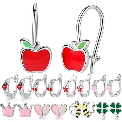 Sweet Cute Red Enamel Apple Stud Earrings for Kids Children Girls 925-Sterling Silver Earrings Jewelry Christmas Day Gift