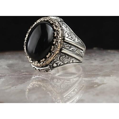 Onyx Stone Pen İşçilikli Silver Men 'S Ring