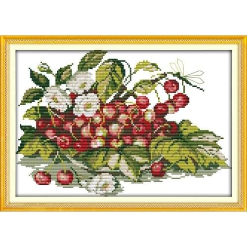 Joy Sunday Cherry Fruit Tray Counted Cross Stitch Kits 11&14CT DMC DIY Embroidery Kits Needlework for Home Decor Handmade Gift