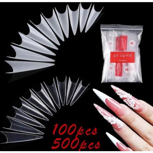 100/500Pcs Fake Nail Tips Natural/Clear Half Cover Curved Stiletto Long Coffin False Nail Molds Acrylic Nail Extension Forms